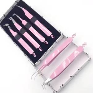Morje Surgical <b>Pink</b> Eyelash Tweezers Set Stainless Steel Precision <b>Tools</b> Serrated Toothed Tips 10mm 4-Piece <b>Box</b> Packaging - Product Image 3