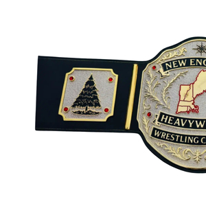 Ceinture de champion de lutte poids lourd de la Nouvelle-Angleterre, qualité supérieure, sangle noire avec plaques or et rouge, ornée d'un arbre et d'un phare - Product Image 3