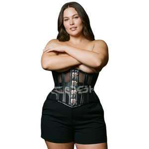 Faja Reductora de Cintura de Acero Premium con Cuero Negro y Malla, Estilo Corsé |   Corsé con Cierre Frontal - Product Image 1
