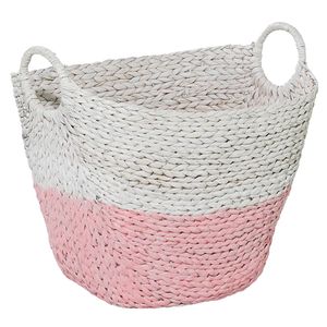 Premium Quality Pink and <b>White</b> Water Hyacinth <b>Basket</b> Woven Storage Organizer Eco Friendly <b>Laundry</b> Hamper with Handles - Product Image 2