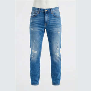 Jean en denim déchiré et délavé coupe slim à jambe droite pour homme, taille haute, en coton, style décontracté, bleu, collection printemps - Product Image 1