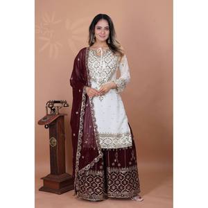 Designer Polyester Salwar Kameez Party Wear <b>Top</b>-Plazzo and Dupatta with Heavy Embroidery Work Elegant <b>Wedding</b> Attire - Product Image 1