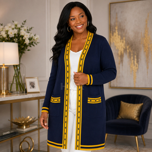 HMR Sisterhood Sorority Acrylic Navy Long <b>Cardigan</b> Contrast Trim Soft Knit <b>Light</b> Weight Open Front Sweaters - Product Image 3