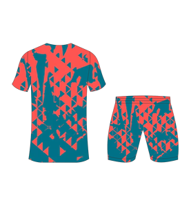 Custom sublimated <b>soccer</b> uniform set for men with teal and coral geometric triangle pattern print jersey and matching shorts - Product Image 3