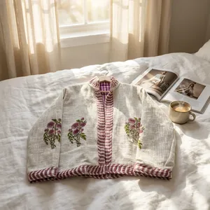 <b>Women</b> <b>White</b> Stand Collar Eco-Friendly Reversible 100% Cotton Floral Hand Block Print Open Front Long Sleeve <b>Jacket</b> - Product Image 2