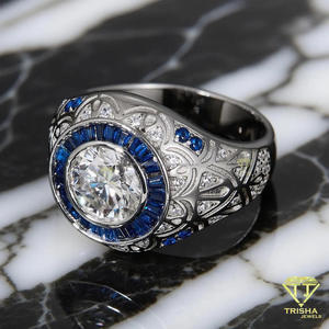 Anillo de Hombre con Diamante Moissanite Redondo Plateado y Baguette Azul, Anillo de Estilo Art Deco Vintage, Anillo de Lujo para Boda, Regalo - Product Image 4