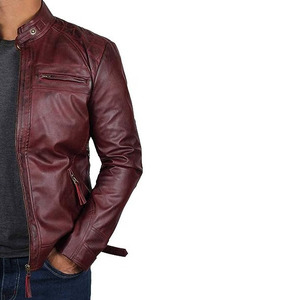 Chaqueta de Motero para Hombre en Cuero Genuino Color Borgoña, Cuello Alto, Cierre de Cremallera, Corte Ajustado, Estilo Moto, para Otoño, Impermeable y Transpirable - Product Image 4