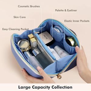 Sac de voyage pour maquillage en cuir vegan imperméable pour femmes, s'ouvrant à plat, avec séparateur transparent et poignée, pour organiser les articles de toilette - Product Image 3