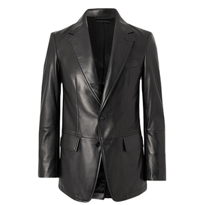 Men Black <b>Leather</b> <b>Blazer</b> Notched Collar Regular Fit Full Length Sleeve Formal Style <b>Jacket</b> - Product Image 3