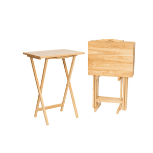 Natural Rubberwood <b>Folding</b> TV <b>Tray</b> <b>Table</b> Set with Storage Rack 4-Piece Indoor Stand - Product Image 1