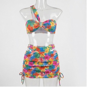 Women Floral Print 2 Piece Bikini Set Crossed Halter Top Tie Side Bottom Ruched Stretch Swimwear - Product Image 1