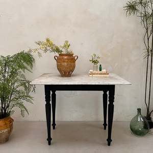 Antique <b>Marble</b> Top <b>Coffee</b> <b>Table</b> with <b>Black</b> Wooden Turned Legs Rustic Vintage Accent <b>Table</b> for Living Room Hallway Home Decor - Product Image 1
