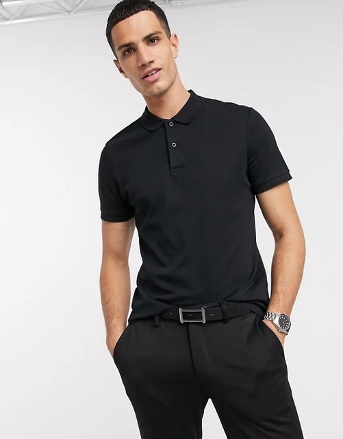 Men's Black Short Sleeve Polo Shirt 100% Cotton Pique Knitted Solid Color Smart Casual Breathable Design Regular Fit