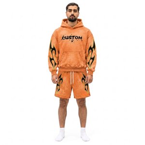 <b>Men's</b> Orange Flame Print <b>Hoodie</b> & <b>Shorts</b> Tracksuit Streetwear <b>Set</b> Custom Logo Sublimation Printed Summer Wear - Product Image 1