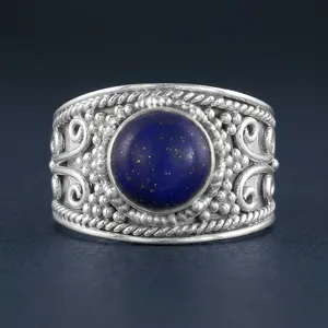 925 Sterling Silver <b>Lapis</b> <b>Lazuli</b> Wide Statement <b>Ring</b> Handmade Vintage Boho Gemstone Jewelry Women's Fashion Wholesale - Product Image 5