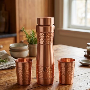 Vintage Espresso Hexagon Dimpled Solid Copper Water <b>Flask</b> Industrial Geometric Contrast-Border Metallic Hydration Vessel - Product Image 3