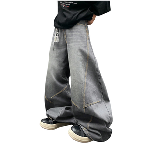 Jeans Anchos Grises para Hombre, Cintura Alta, Transpirables, de Secado Rápido, 100% Algodón, Lavado Enzimático Vintage, Corte Holgado Informal - Product Image 5
