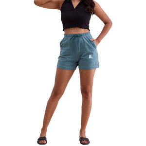 Shorts Casuales de Algodón para Mujer, Cintura Alta, Cierre de Botones, Color Sólido, con Bolsillos, Corte Regular, Azul Claro Lavado, con Logotipo - Product Image 1