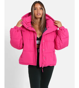 Pink Hooded Puffer Jacket Unisex <b>Winter</b> <b>Coat</b> <b>Thick</b> Insulated Eco-friendly Cotton Filled Casual Wear Zipper Closure Solid Color - Product Image 4