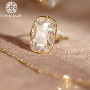 Charm_Jewells Women's <b>Gold</b> Plated Moissanite <b>Cocktail</b> <b>Ring</b> Emerald Cut Bezel Setting Classic Style - Product Image 1