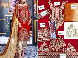 2021 élégant traditionnel rouge en mousseline de soie robe de mariée brodé soie rayonne Viscose Salwar Kameez vente chaude pour coton lin - Product Image 2