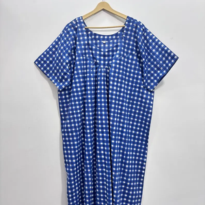 Vestido Kaftán de Algodón Indio con Cuello en V, Manga Murciélago, Estilo Boho, Hecho a Mano con Estampado de Bloques y Borde en Contraste, Corte Acampanado de Verano para Mujer - Product Image 1