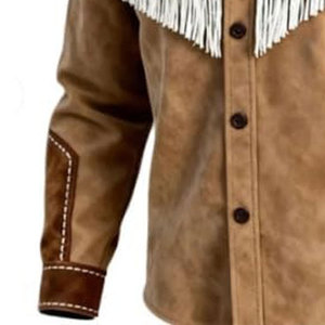<b>Men's</b> <b>Suede</b> Western Shirt <b>Jacket</b> With White Fringe And Embroidery Turn-down Collar Regular Fit Winter Style - Product Image 4
