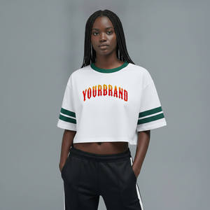 Customized Women's White <b>Crop</b> <b>Top</b> With Green Trim And <b>Red</b> Logo Print Crew Neck Short Sleeve Loose Fit Casual Spring Summer Wear - Product Image 1
