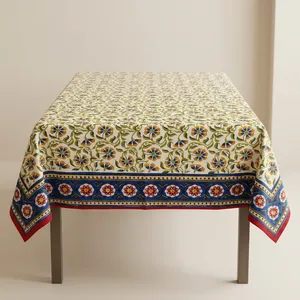 Nappe de table rectangulaire moderne en coton imprimé à la main avec motifs floraux, fabriquée en Inde, écologique, personnalisable, style bohème - Product Image 4