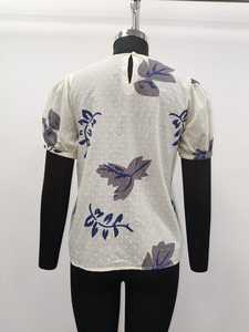 V-Neck Floral Print Woven <b>Lace</b> Cotton Top with Cap <b>Sleeves</b> Button Detail Breathable Spring Casual Regular Fit White Blue - Product Image 2