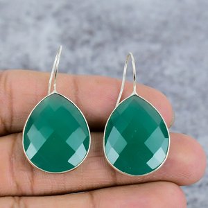 Green Onyx Pear Cut Gemstone 925 <b>Sterling</b> <b>Silver</b> Handmade Bezel Setting Trendy Earrings for Women Party Engagement Gift - Product Image 2