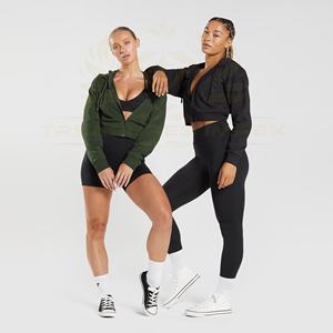 Hermosa sudadera recortada con cremallera completa para mujer 85% algodón 15% poliéster transpirable bolsillos de secado rápido longitud corta Sudadera con capucha Crop Top - Product Image 1