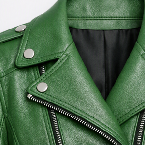 Chaqueta de Moto de Cuero PU Verde para Mujer, Manga Larga, Cierre de Cremallera, Cinturón, Cuello Abierto, Color Sólido, Ropa de Invierno - Product Image 4
