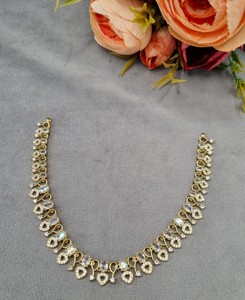 Repeating Pear Halo Motif Curved Links Oval Stone Accents And Matching Chandelier Earrings Antique Gold Plated AD <b>Jewellery</b> <b>Sets</b> - Product Image 3
