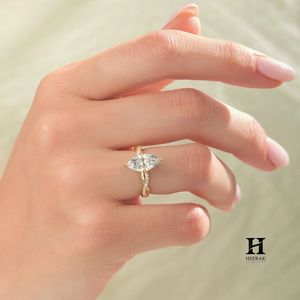 Anillo de compromiso de lujo con diamante de laboratorio talla marquesa, banda de oro amarillo de 14K con diseño de vid retorcida e infinito, anillo solitario - Product Image 4