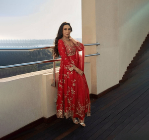 <b>Red</b> Embroidered <b>Silk</b> Salwar Kameez Ankle-Length Traditional Wedding Wear for Women with Dupatta India Pakistan Style - Product Image 1