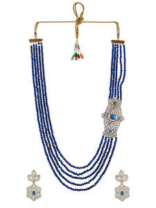 Parure de bijoux de fête classique pour femme, plaqué or bleu saphir, style indien, long collier Rani Haar, boucles d'oreilles, pour mariée - Product Image 2