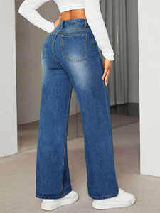 Vaqueros de mujer súper holgados con pliegues, corte cónico, transpirables, de tiro medio, lavado vintage, negros, estilo casual, pantalones de mezclilla para mujer - Product Image 1