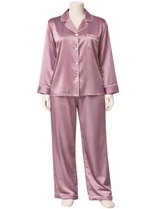Ensemble de pyjama pour femme en satin rose personnalisé, manches longues, boutonné, style soie, vêtements de nuit, ensemble confortable en deux pièces - Product Image 1