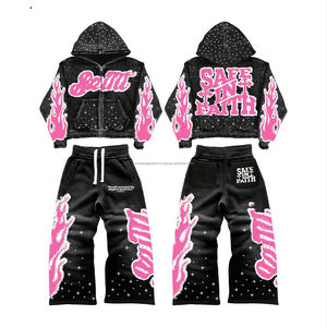 ชุดเซ็ตเสื้อฮู้ดซิปและกางเกงสเวตแพนท์ทรงขาบานลายกราฟิกแบบฟaded สไตล์สตรีทแวร์ ประดับคริสตัล ล้างสีแบบ Acid Wash ผ้าฝ้าย ชุดวอร์มทรงขาบานสำหรับผู้ชาย - Product Image 1