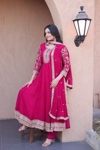 Elegant Pink Embroidered Anarkali Suit With Dupatta Floral Print Chiffon Maxi Dress Women's Ethnic Wear Pakistani Style - Product Image 4