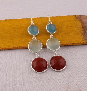Natural Multi-Gemstone Drop <b>Earrings</b> 925 Sterling Silver Blue Chalcedony & <b>Red</b> Carnelian Tiered <b>Earrings</b> Handmade Wholesale - Product Image 3