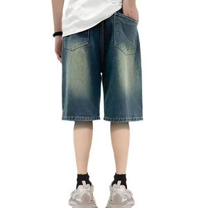 กางเกงยีนส์ขาสั้นผู้ชายดีไซน์โดดเด่น กางเกงยีนส์ขาสั้นสีพื้นสำหรับฤดูร้อน ระบายอากาศได้ดี เป็นมิตรกับสิ่งแวดล้อม สไตล์ไฮสตรีท สำหรับผู้ชาย - Product Image 3