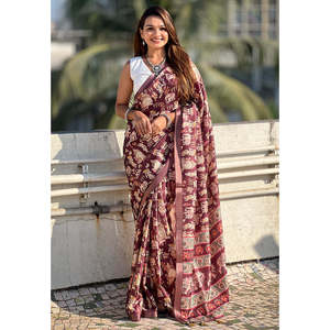 Sari en soie Tussar marron foncé imprimé avec bordure tissée Zari, style ethnique gujarat, réversible, pour soirée et cérémonie - Product Image 4