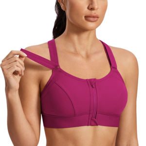 Women Solid Pink Sports Bra Zipper Front Halter V-neck Seamless Breathable Crop <b>Top</b> High Waist Shorts Yoga Set Workout - Product Image 6