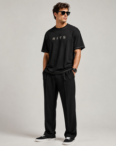 Camiseta de Manga Corta Negra para Hombre RITS, Cuello Redondo, Casual, Ecológica, Transpirable, Estilo Urbano, Algodón Jersey, con Letra Estampada en la Parte Delantera - Product Image 1