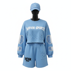 ชุดเซ็ตเสื้อสเวตเชิ้ตผ้าฝ้าย 100% กางเกงขาสั้นสำหรับผู้หญิง ผ้าฝ้ายพรีเมียมผสมโพลีเอสเตอร์เนื้อนุ่ม สีฟ้า แต่งลายปัก พิมพ์ลาย พร้อมปักโลโก้ตามสั่ง ชุดเซ็ตสำหรับผู้หญิง - Product Image 1