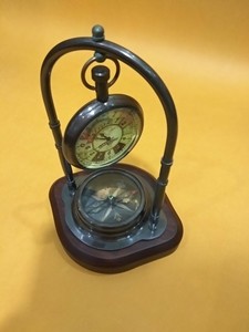Antique Brass Mechanical Compass Desk <b>Clock</b> Hourly <b>Chiming</b> Silent Movement Vintage Nautical Design Wooden Base for Home Office - Product Image 5