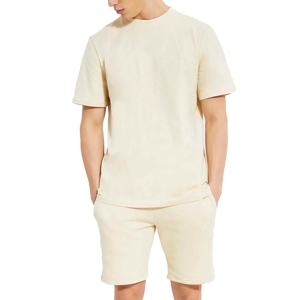 Men's Cream Cotton Crew Neck T-Shirt And Shorts <b>Set</b> Casual Summer Outfit Breathable <b>Knitted</b> Solid Color Two Piece Wear - Product Image 1