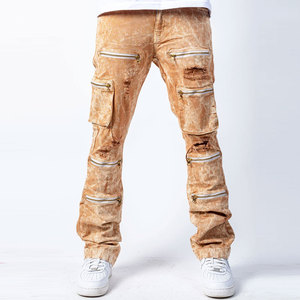 <b>Men's</b> Distressed Cargo Pants With Zipper Pockets Street Style Elastic Waist Midweight Canvas Trousers Autumn Wear - Product Image 1